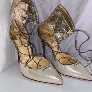 Red Bottom heels, Christian Louboutin Corsankle
Lace up Gold Pump